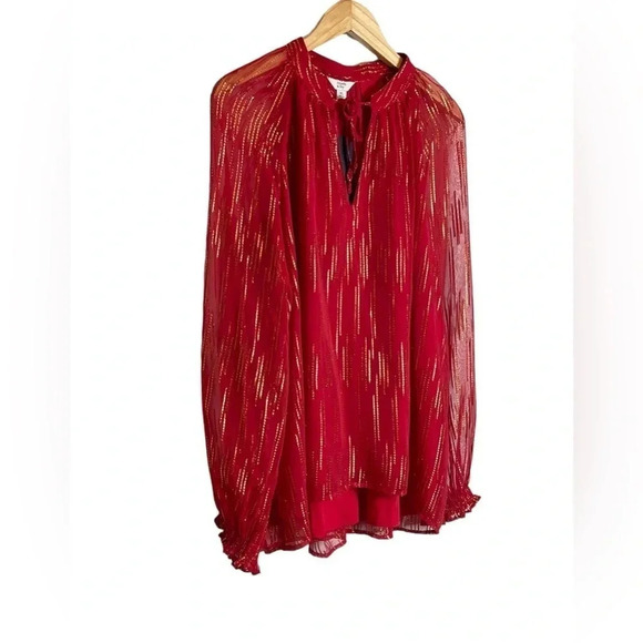 Crown & Ivy | Foil Peasant Top Long Sleeves Keyhole Tie Neck Holiday Lined - Picture 3 of 7